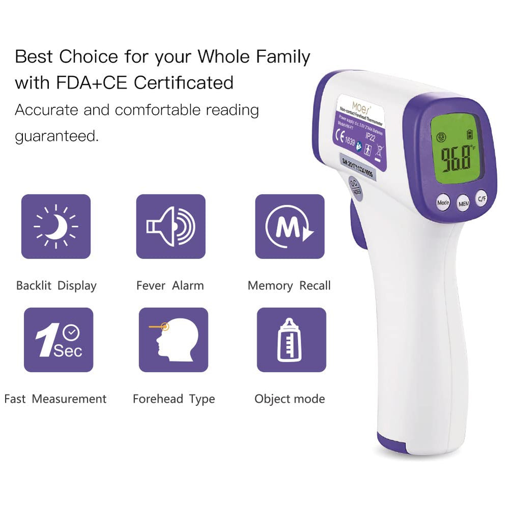MOES Forehead Thermometer backlit display shows clear readings in dim rooms.