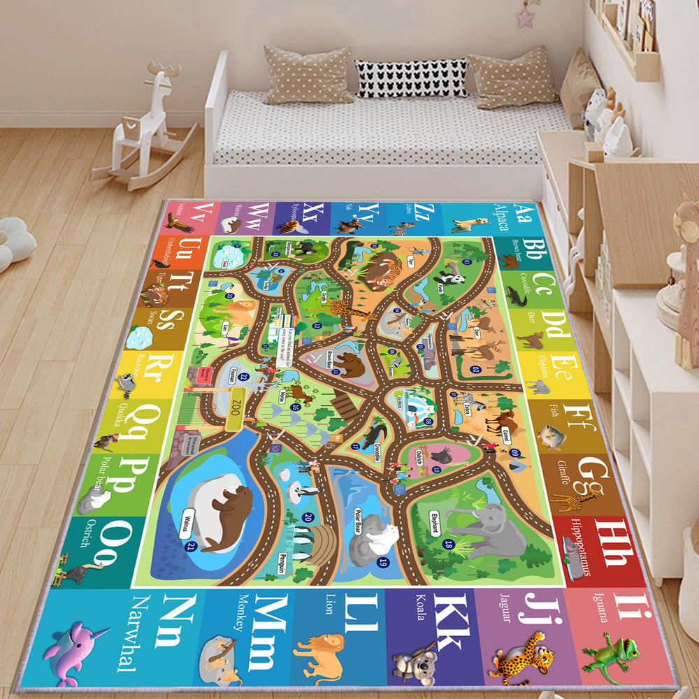 MOFAZEE Zoo Map Carpet alphabet edge close-up highlighting letters for early literacy.