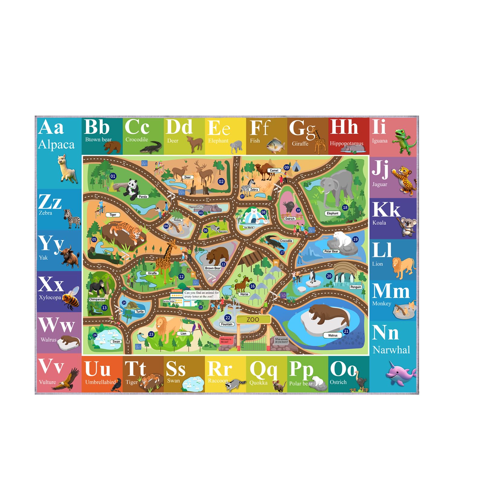 MOFAZEE Zoo Map Carpet durable rug supports toy cars and pretend zoo trips.