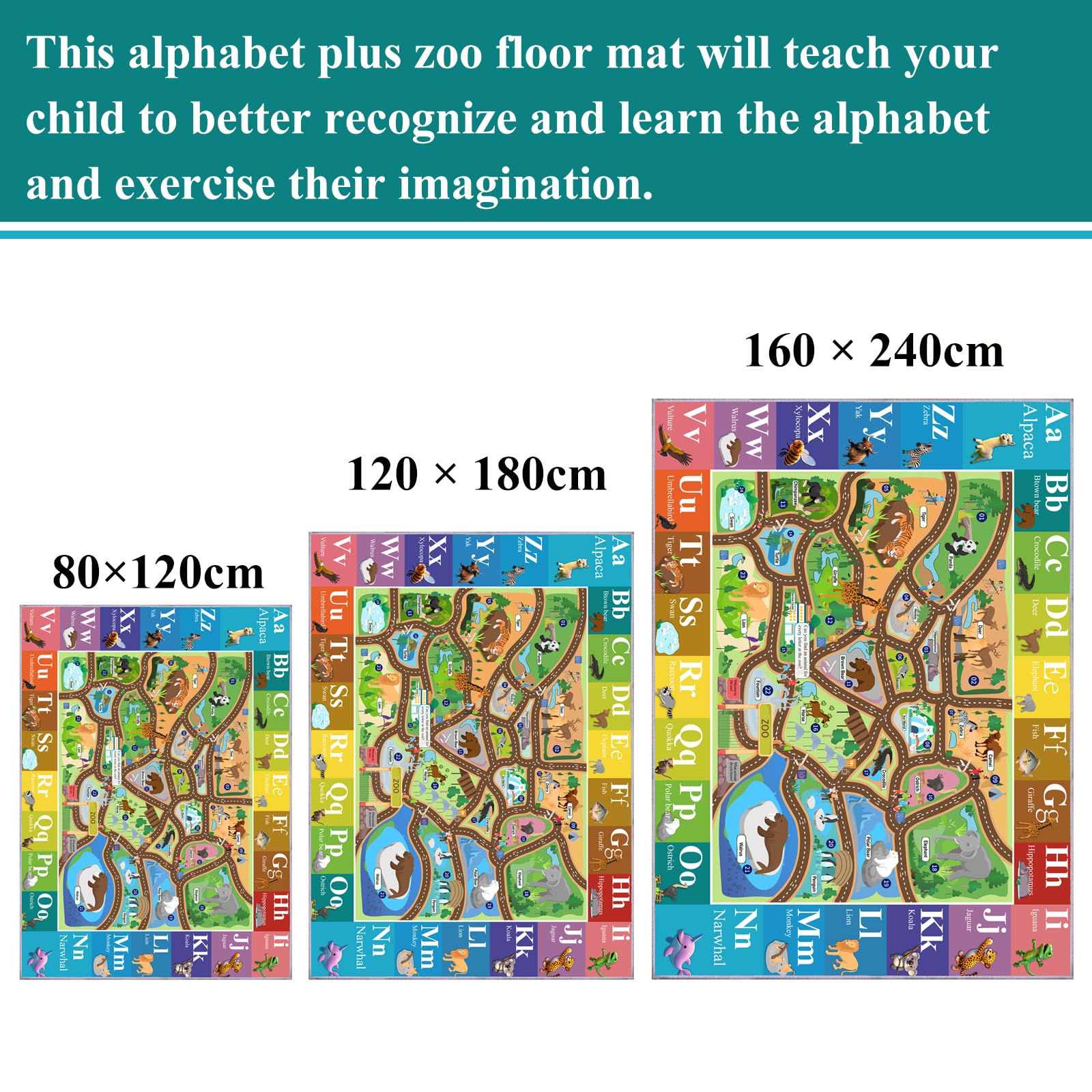 MOFAZEE Zoo Map Carpet non-slip back promotes stable play on various floors.
