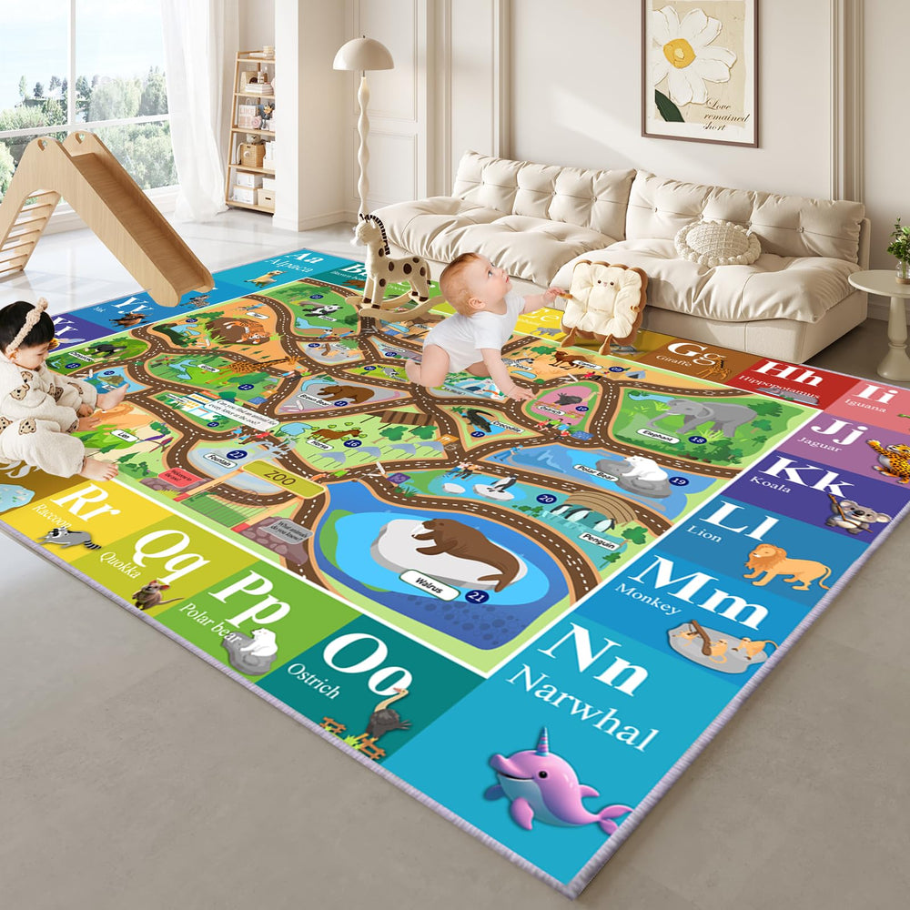 MOFAZEE Zoo Map Carpet washable fabric makes cleanup quick after messy play.