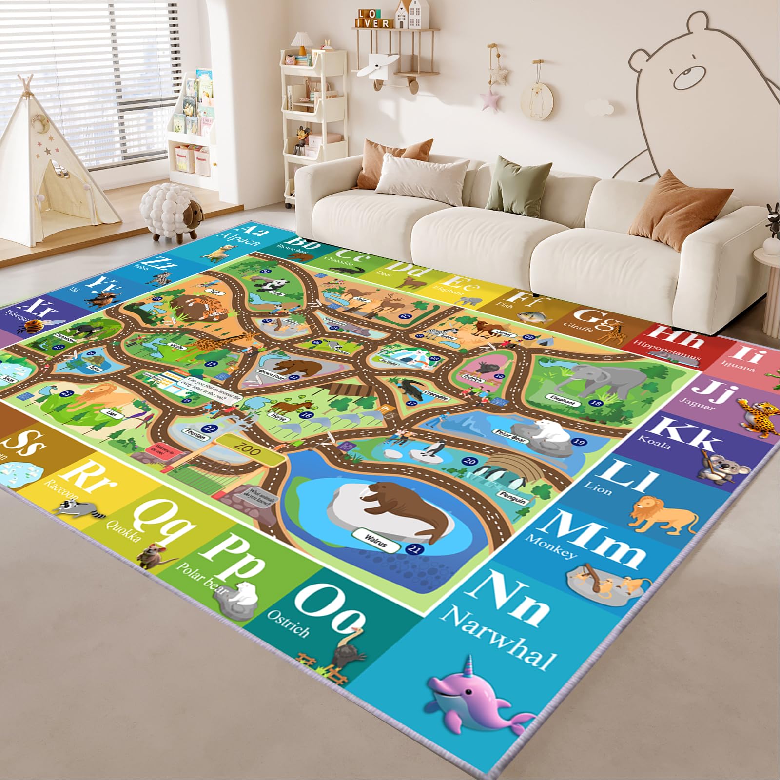 MOFAZEE Zoo Map Carpet size five-foot-three by seven-foot-ten fits classrooms.