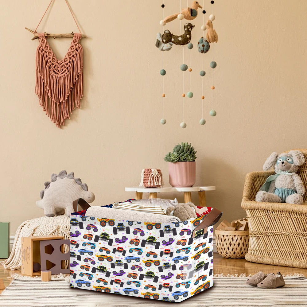 Mogifedc Cartoon Cars Storage Basket with sturdy construction safely stores pet supplies.