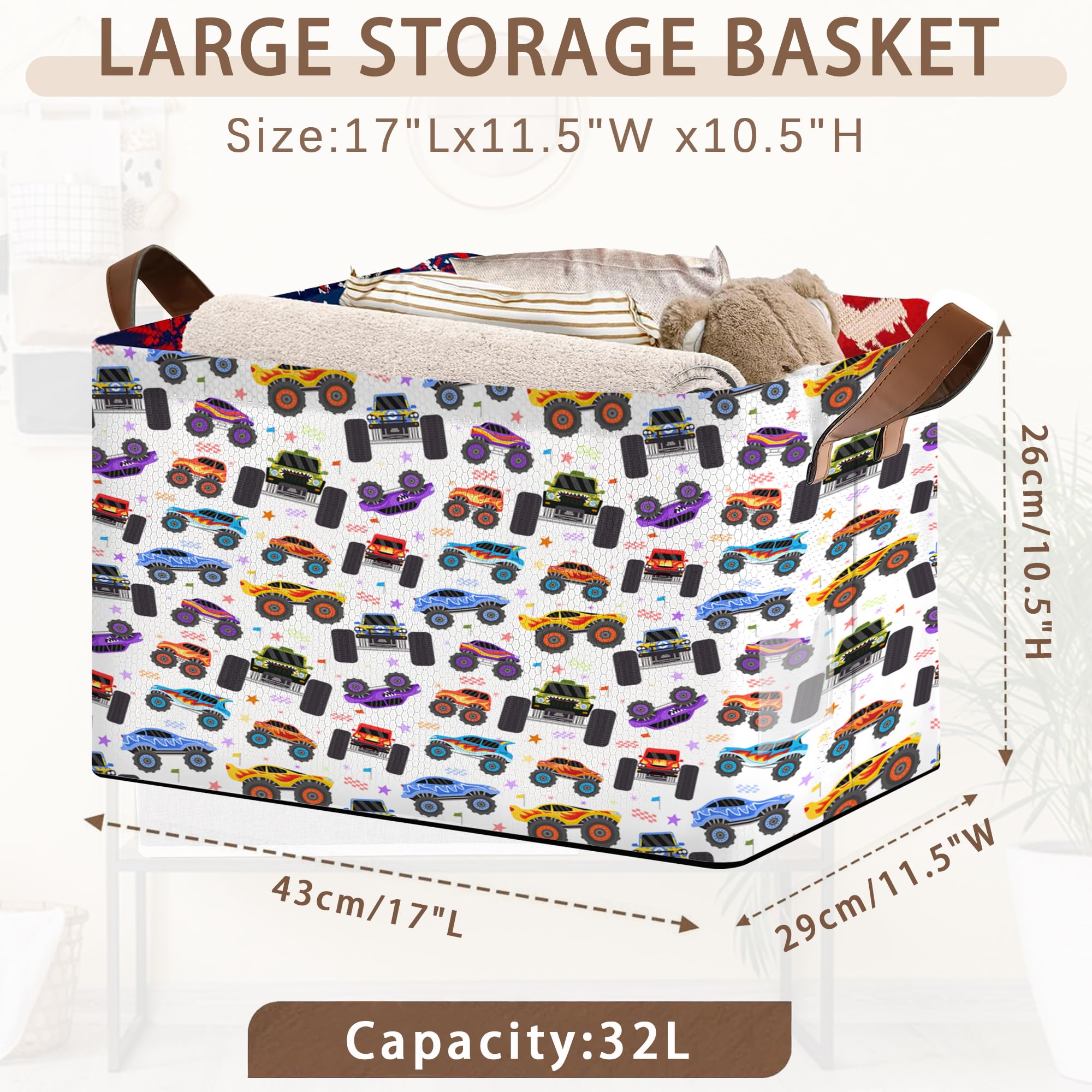 Mogifedc Cartoon Cars Storage Basket with leather handles for comfortable, portable organization.