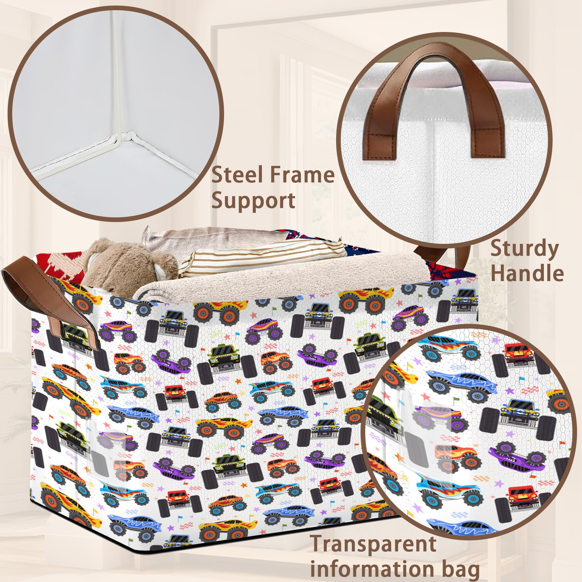 Mogifedc Cartoon Cars Storage Basket shows metal wires securing shape to prevent sag.