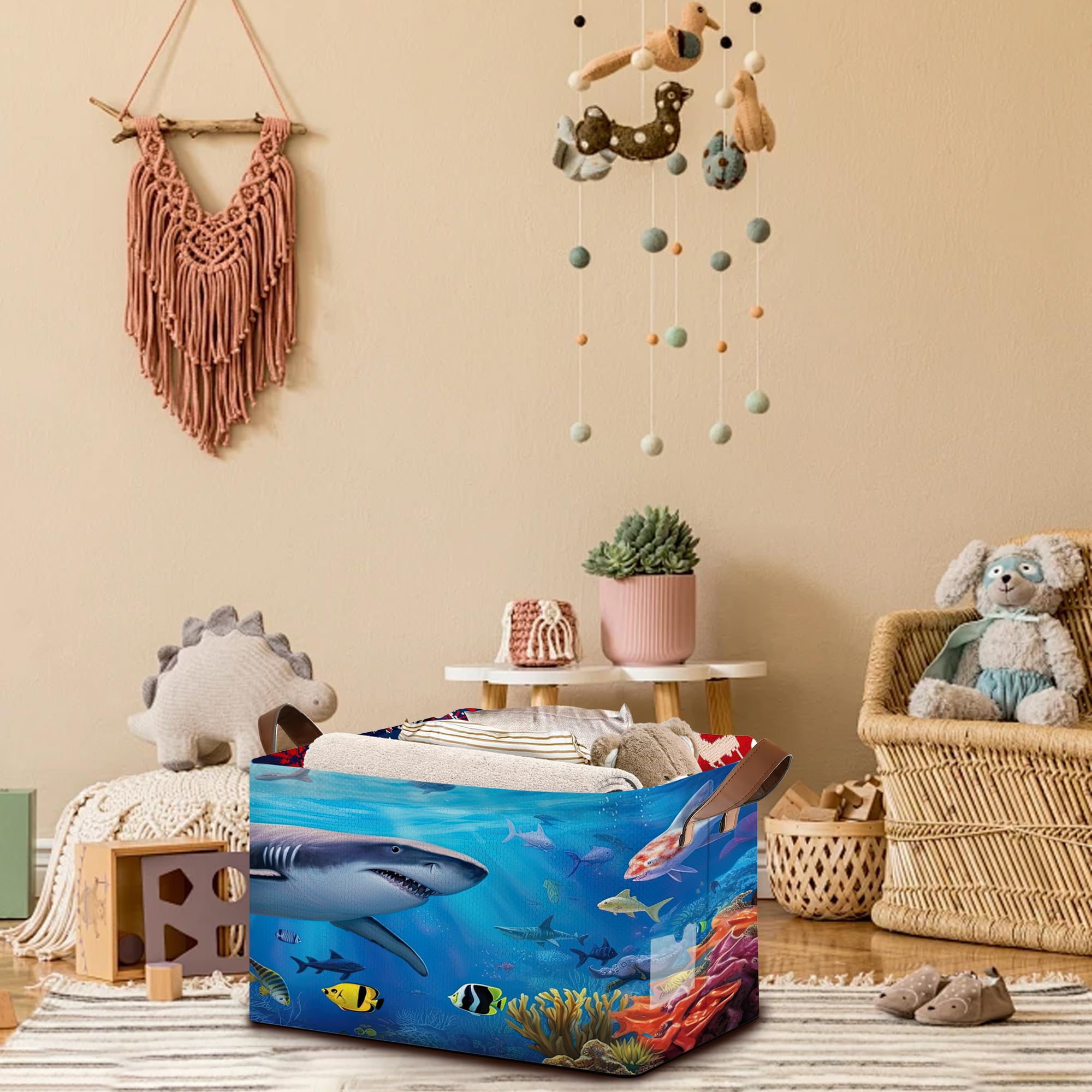 Mogifedc shark-pattern storage basket fabric close-up highlighting durable material construction.