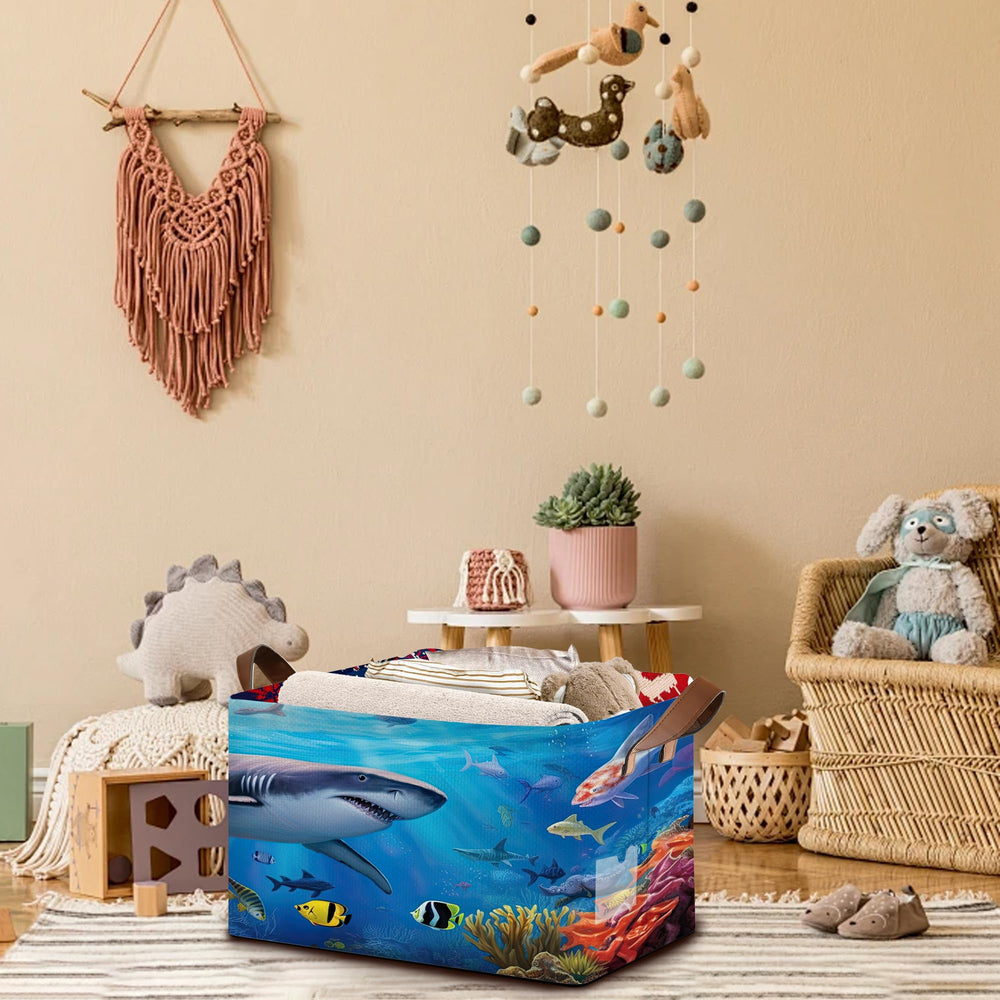 Mogifedc shark-pattern storage basket fabric close-up highlighting durable material construction.