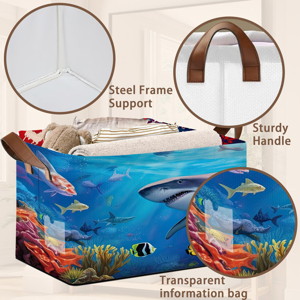 Mogifedc shark-pattern storage basket collapsible design shown folded for compact storage.