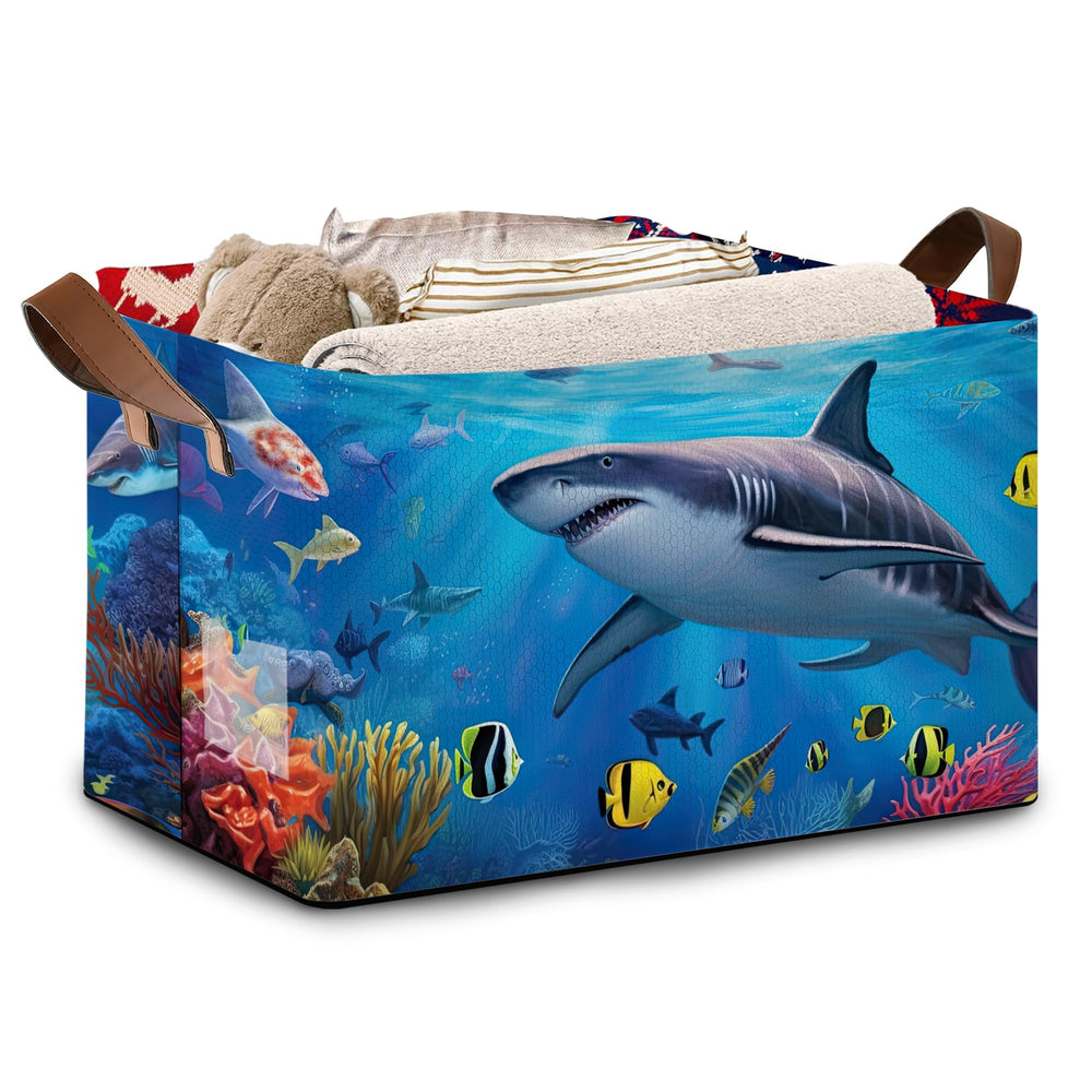 Mogifedc shark-pattern storage basket front view with roomy interior for toys and everyday items.