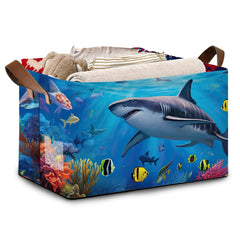 Mogifedc shark-pattern storage basket front view with roomy interior for toys and everyday items.
