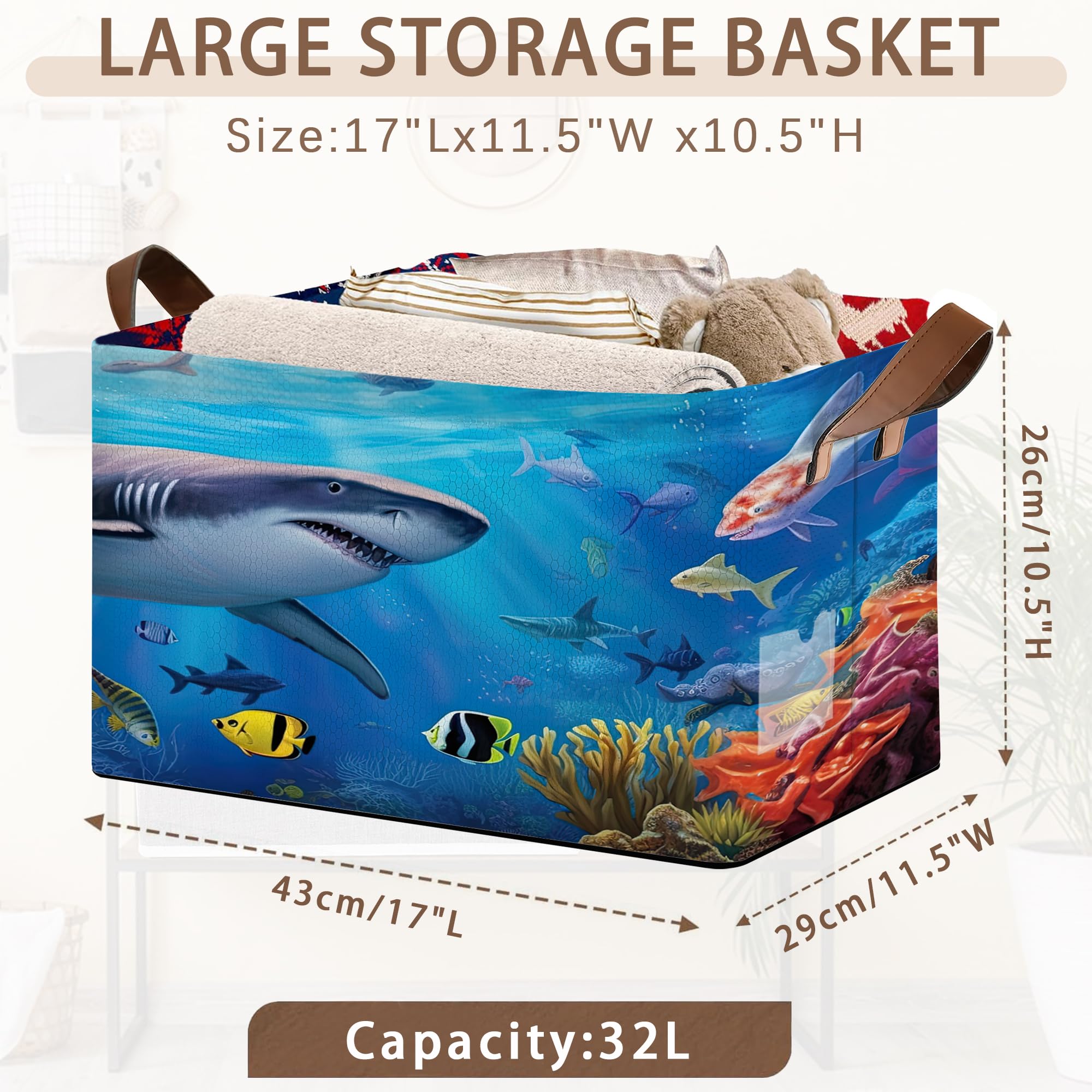 Mogifedc shark-pattern storage basket handle detail with reinforced leather handles for easy transport.