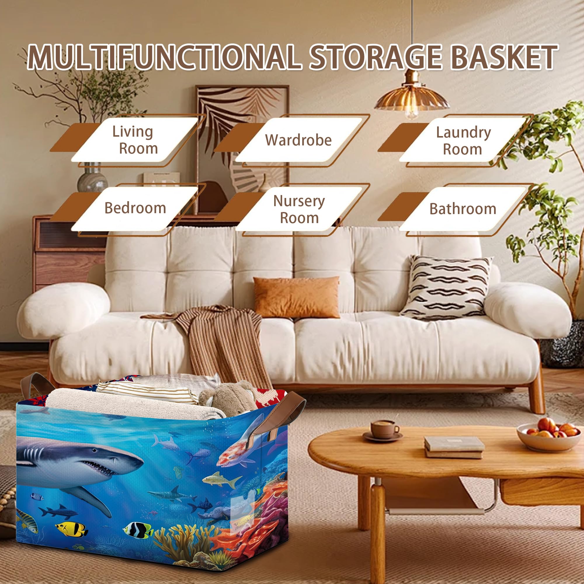 Mogifedc shark-pattern storage basket marine life graphics enhance room decor and organization.