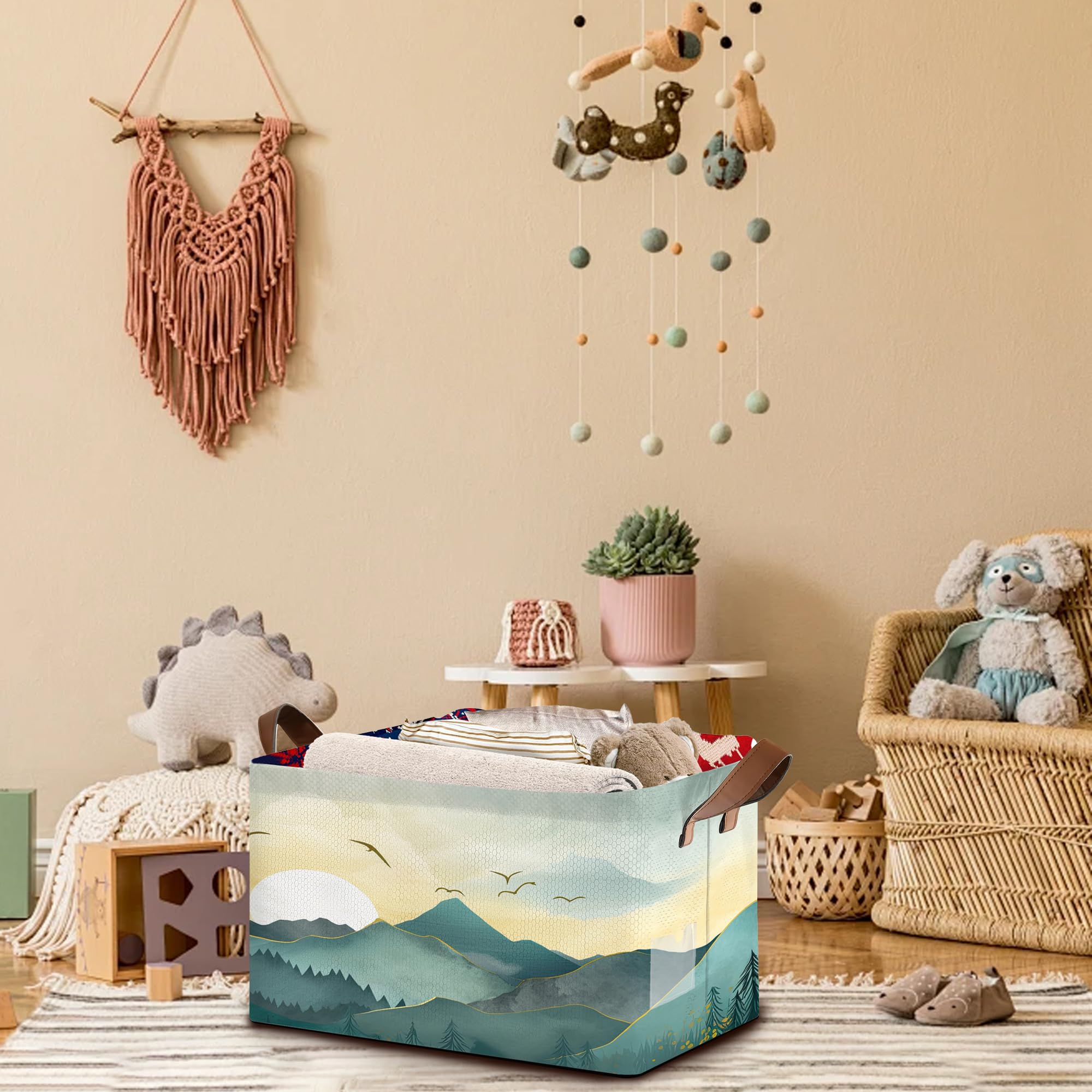 Mogifedc Sun Mountains storage basket in bedroom for cozy organization.