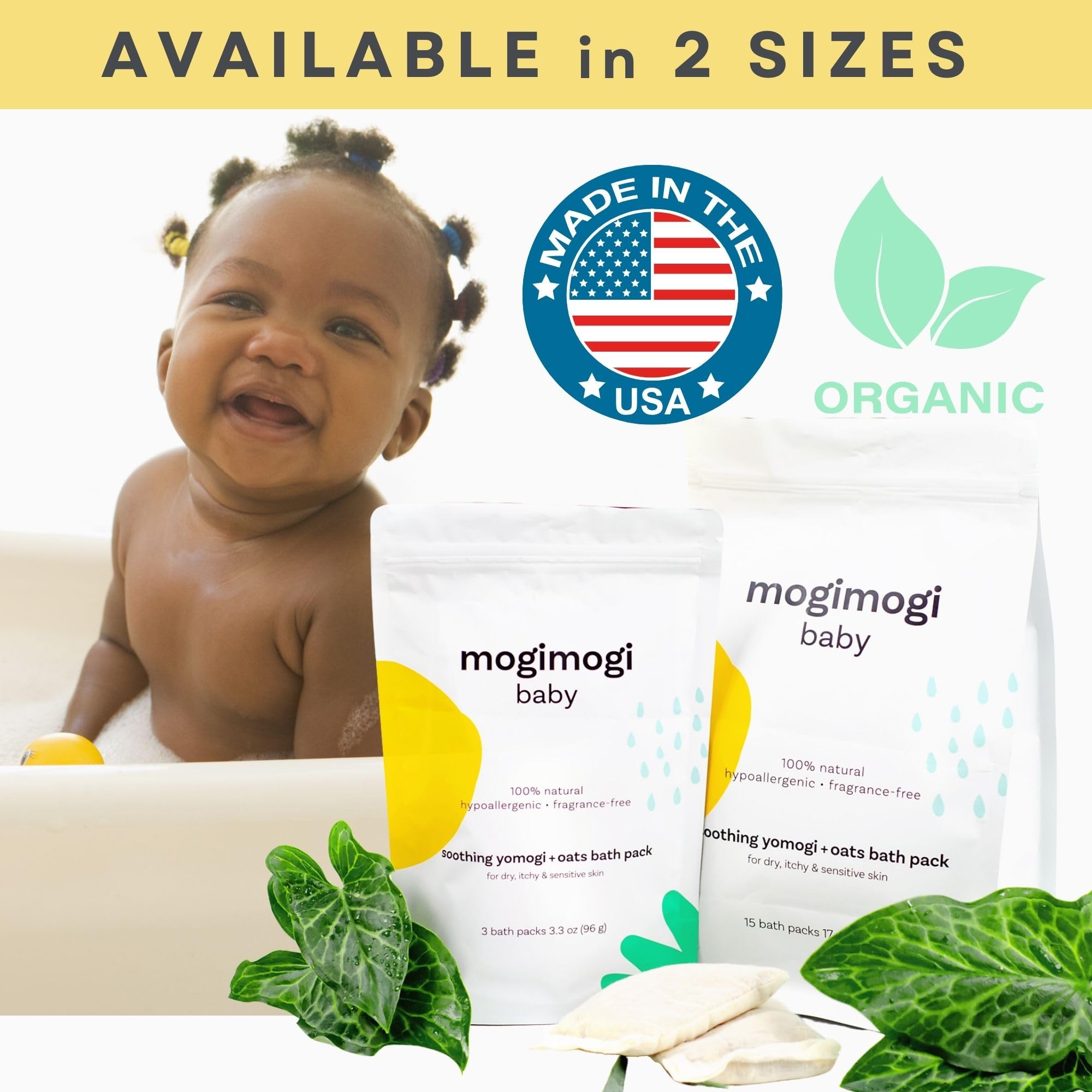 Organic cotton bag containing mogimogi bath soak for controlled use