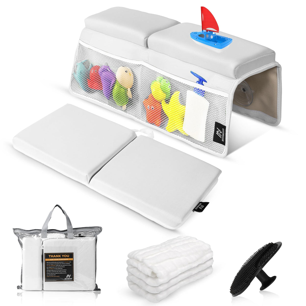 Mohmoud baby bath kneeler set main view cushions knees for comfort.