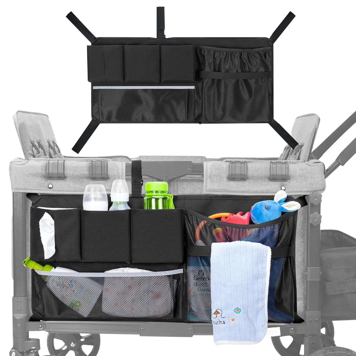 MOJELIM cargo net on W4 Luxe shows organized pockets for toys and towels