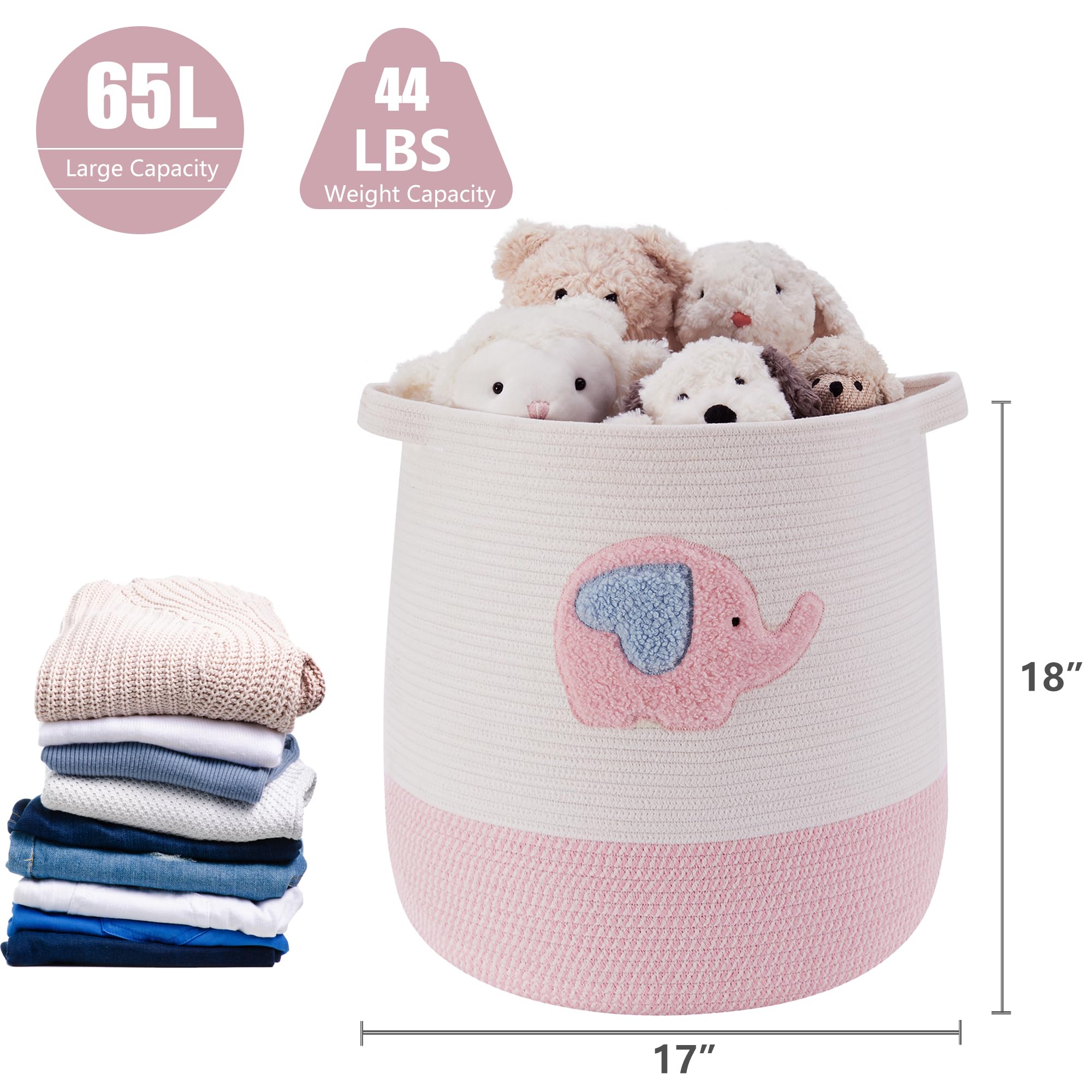 MOJOSCEND 65L pink elephant laundry basket folded image showing reshape after filling.