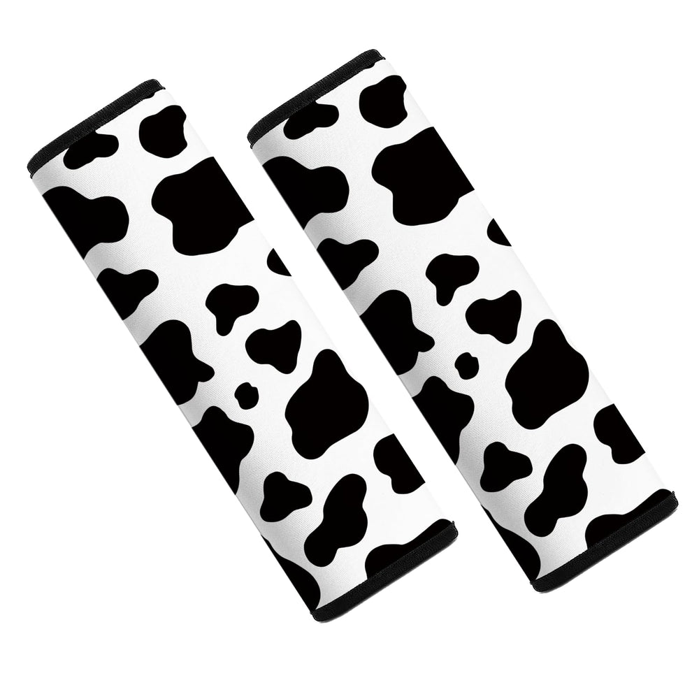 Mokiwala cow-pattern seatbelt pad close-up on soft neoprene for comfort