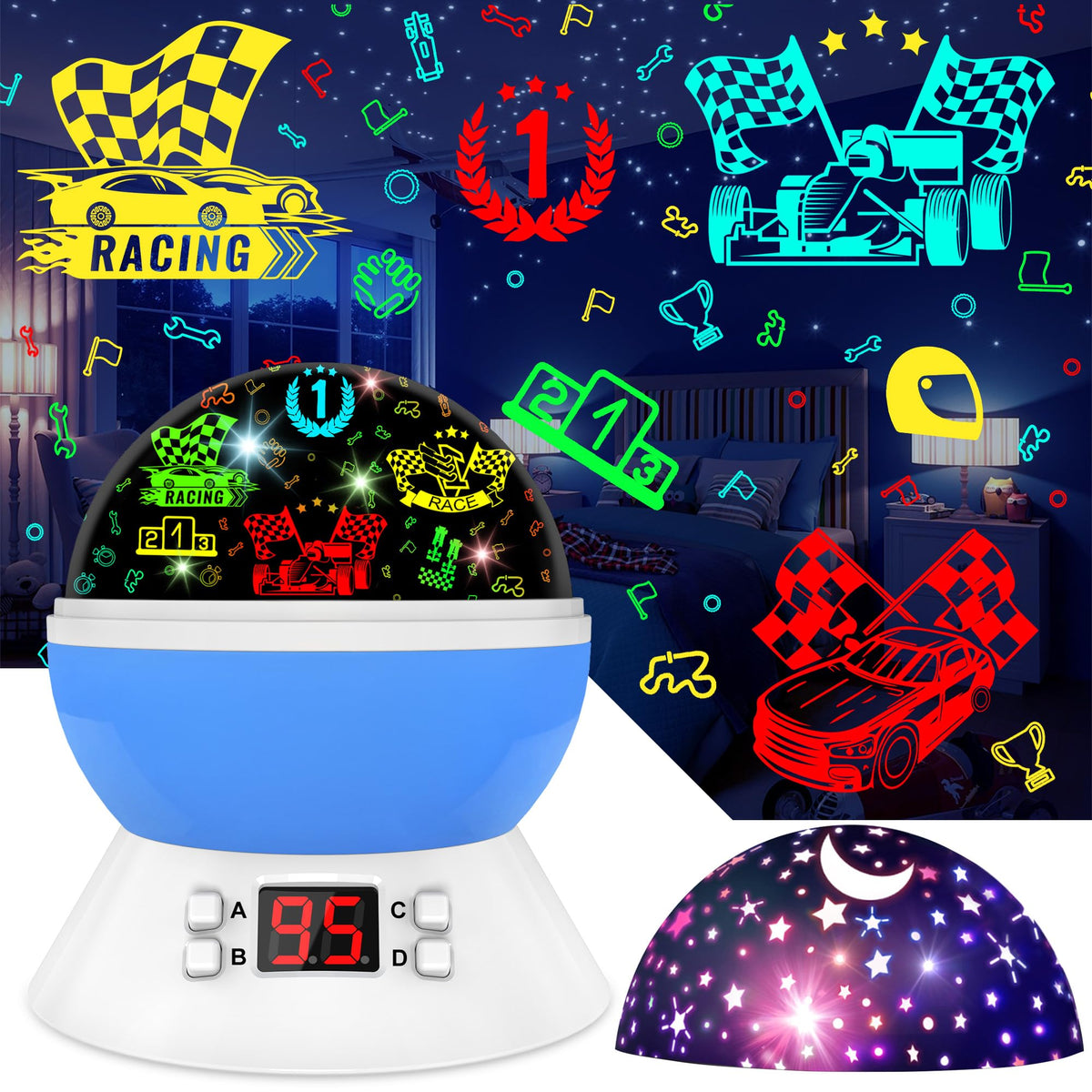MOKOQI Cars Night Light rotating projects dynamic cars on walls for imaginative play.