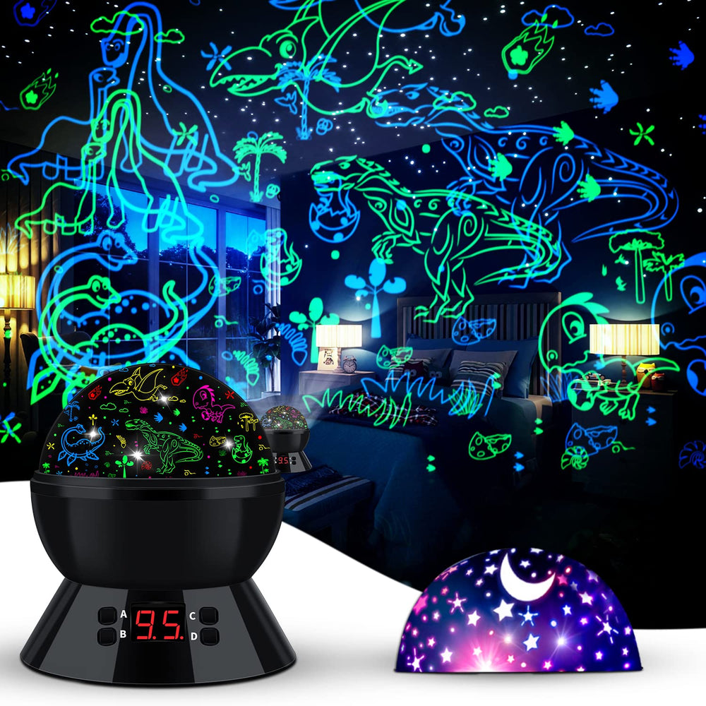 MOKOQI dinosaur night light projector with 360 rotation creating immersive bedtime visuals