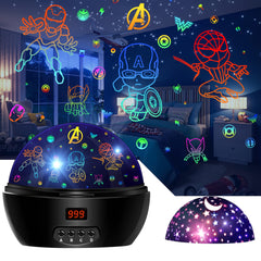 MOKOQI kid light projector with Spiderman figurine; projects bedtime superhero scenes for calming nights.