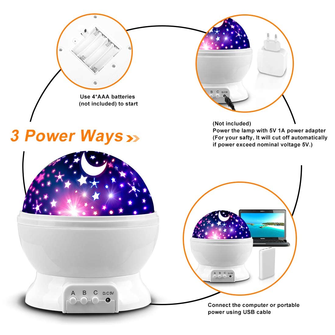 MOKOQI Star Projector battery option highlights portable use with AAA batteries.