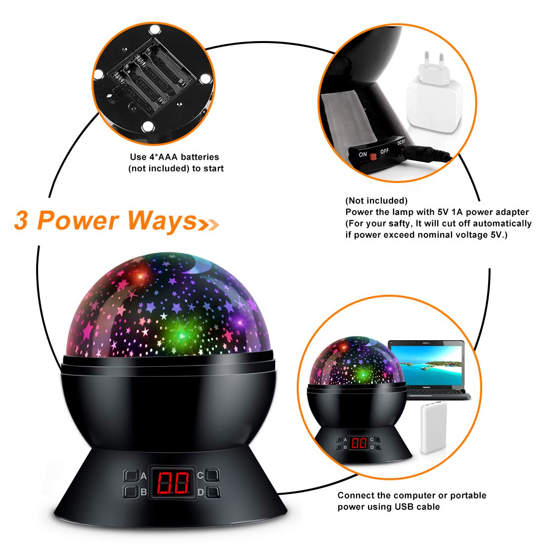 MOKOQI star projector powered by USB or batteries for portable use