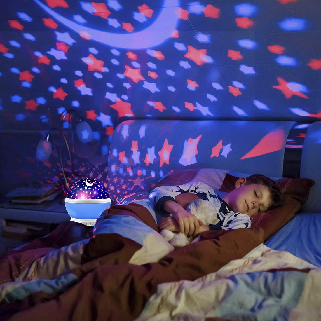MOKOQI star projector buttons close-up highlights color and spin controls.