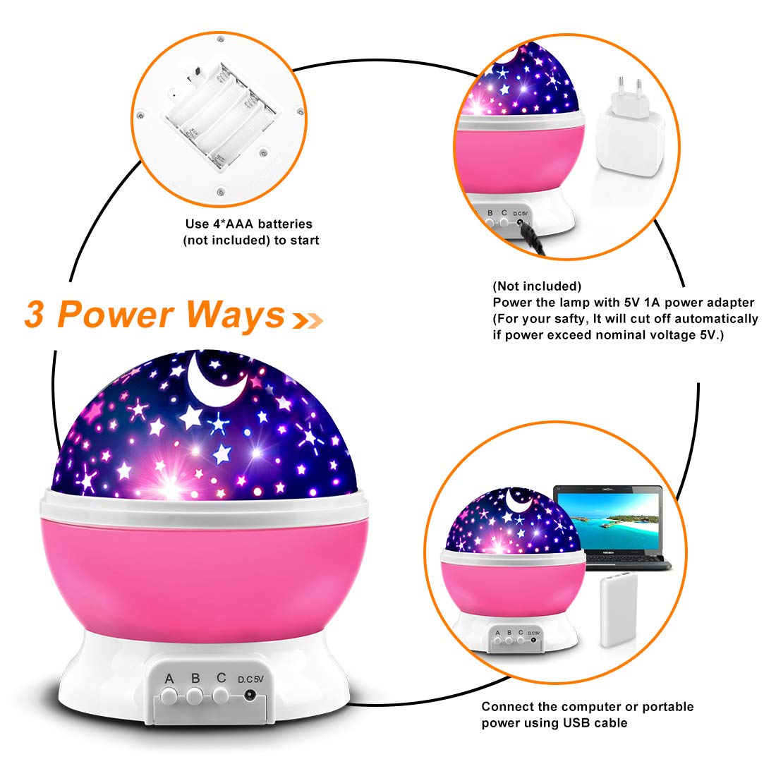 MOKOQI Star Projector Pink supports USB and battery power for portability.