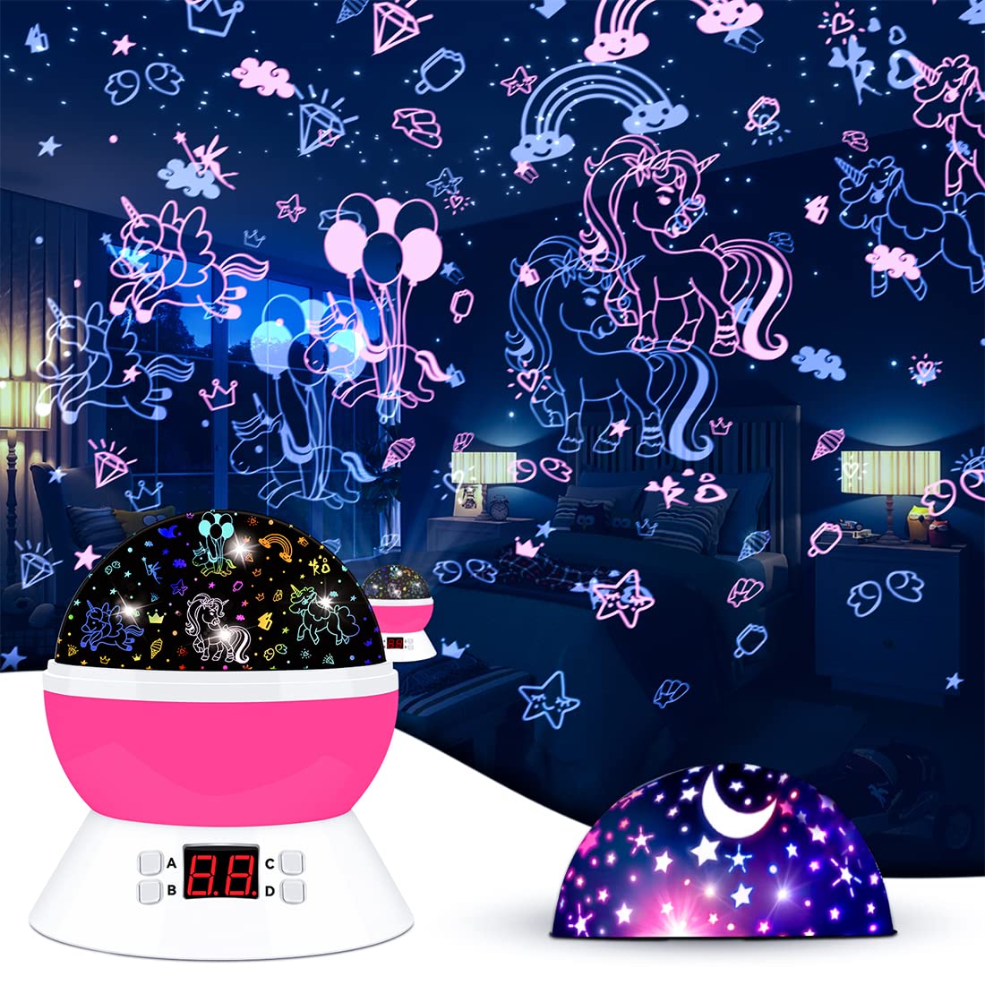 MOKOQI Unicorn Projector Night Light beams a soft glow for bedtime comfort.