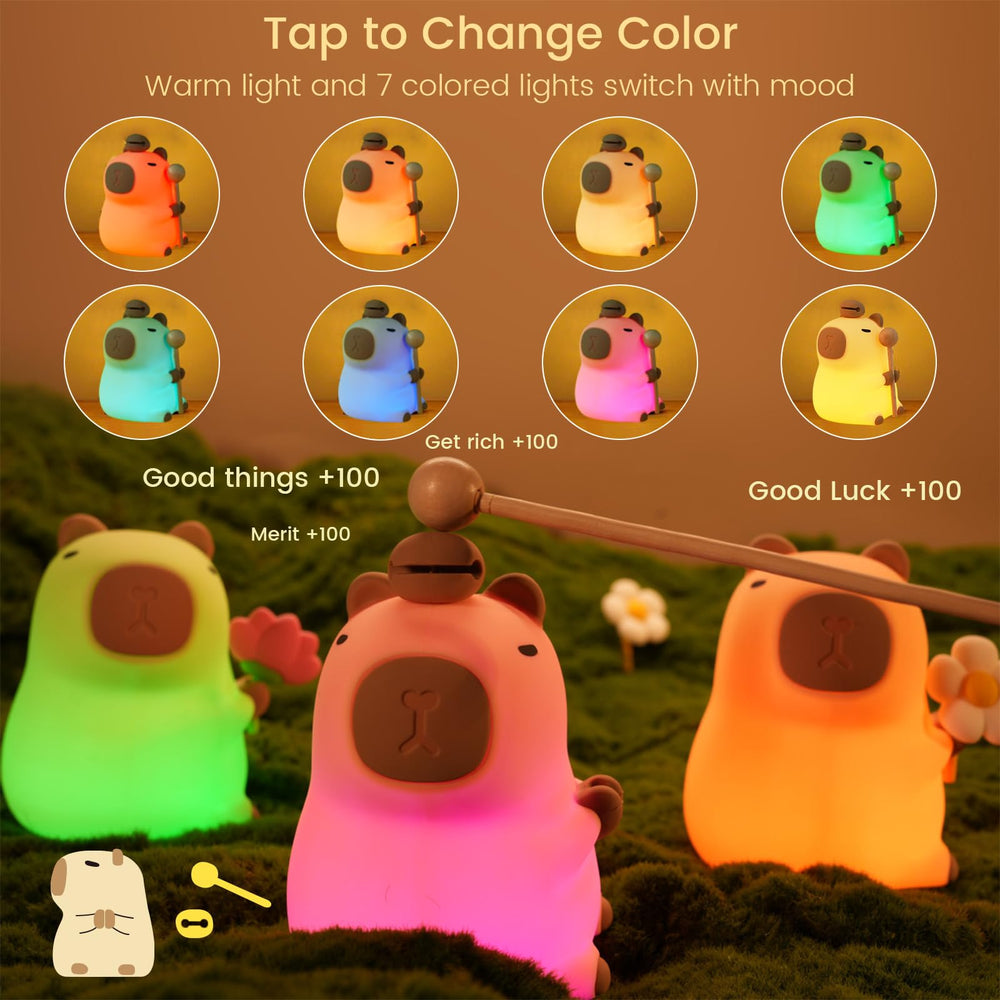 MOKYDUO Capybara night light shows 7 color options for calming mood lighting.