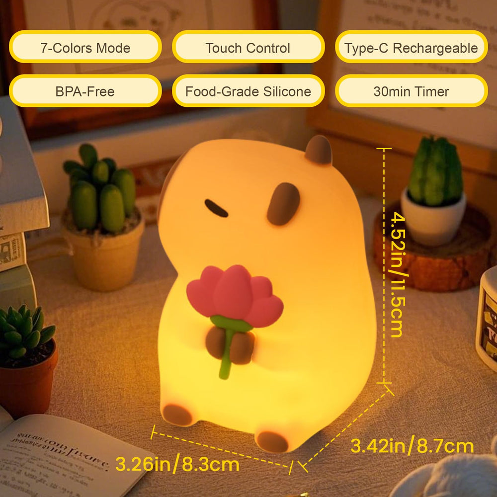 MOKYDUO Capybara night light includes detachable flower for customization.