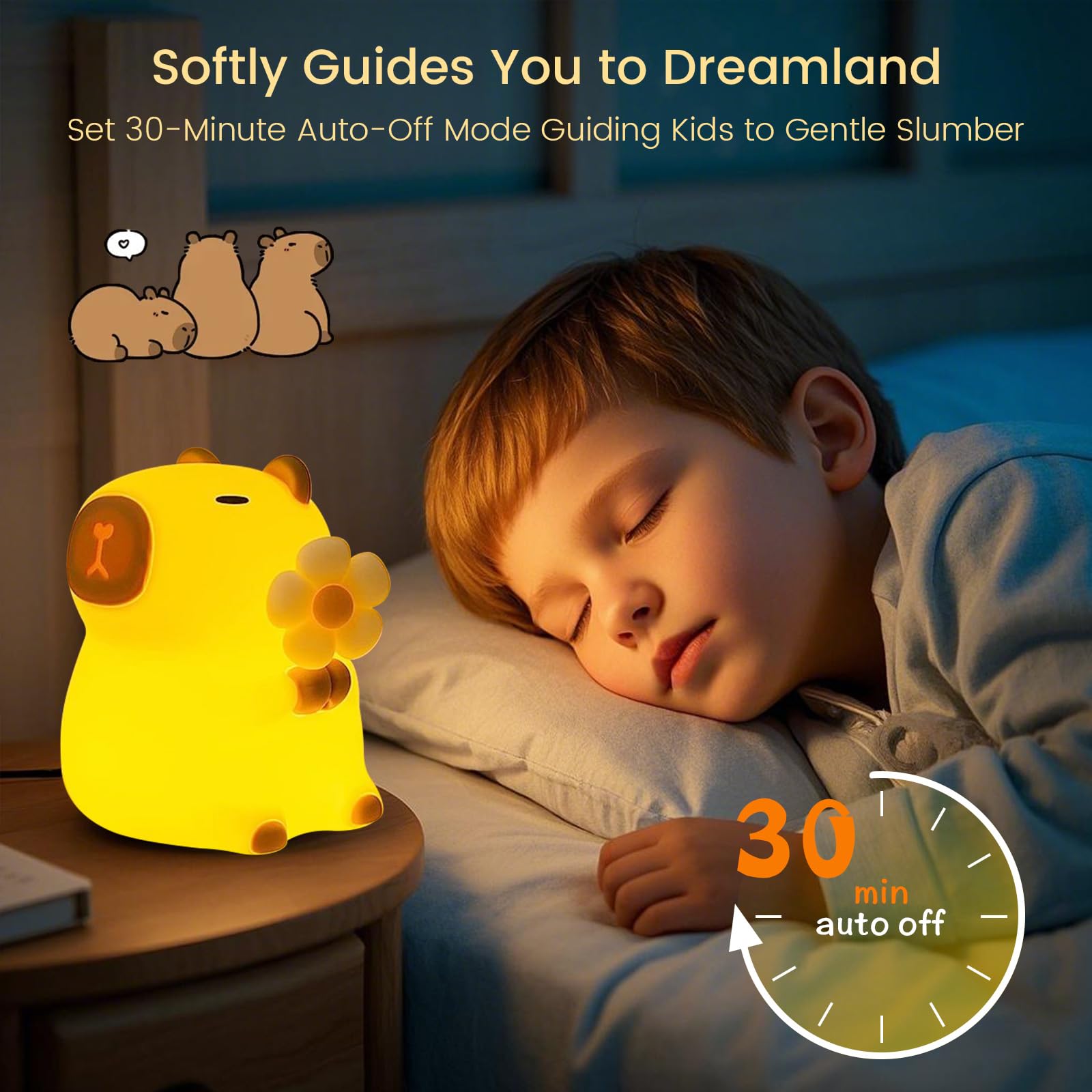 MOKYDUO Capybara night light demonstrates easy one-tap operation.