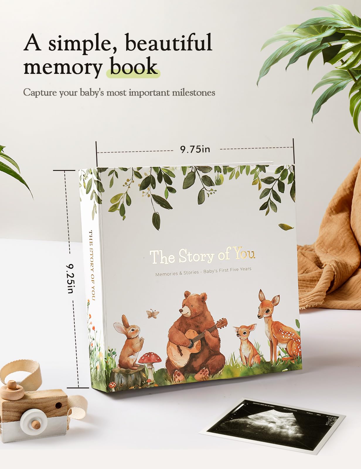 Molekaus Baby Memory Book sturdy bindings securely hold photos and memorabilia.