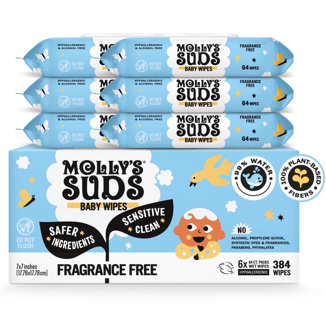 Molly's Suds fragrance-free wipes packaging close-up for gentle cleaning.