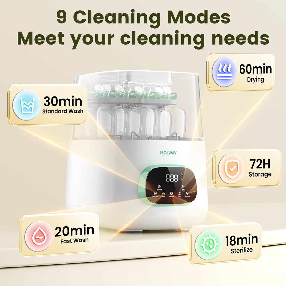 MOLWAY Upgraded bottle washer sterilization and storage features promote hygiene between feeds.
