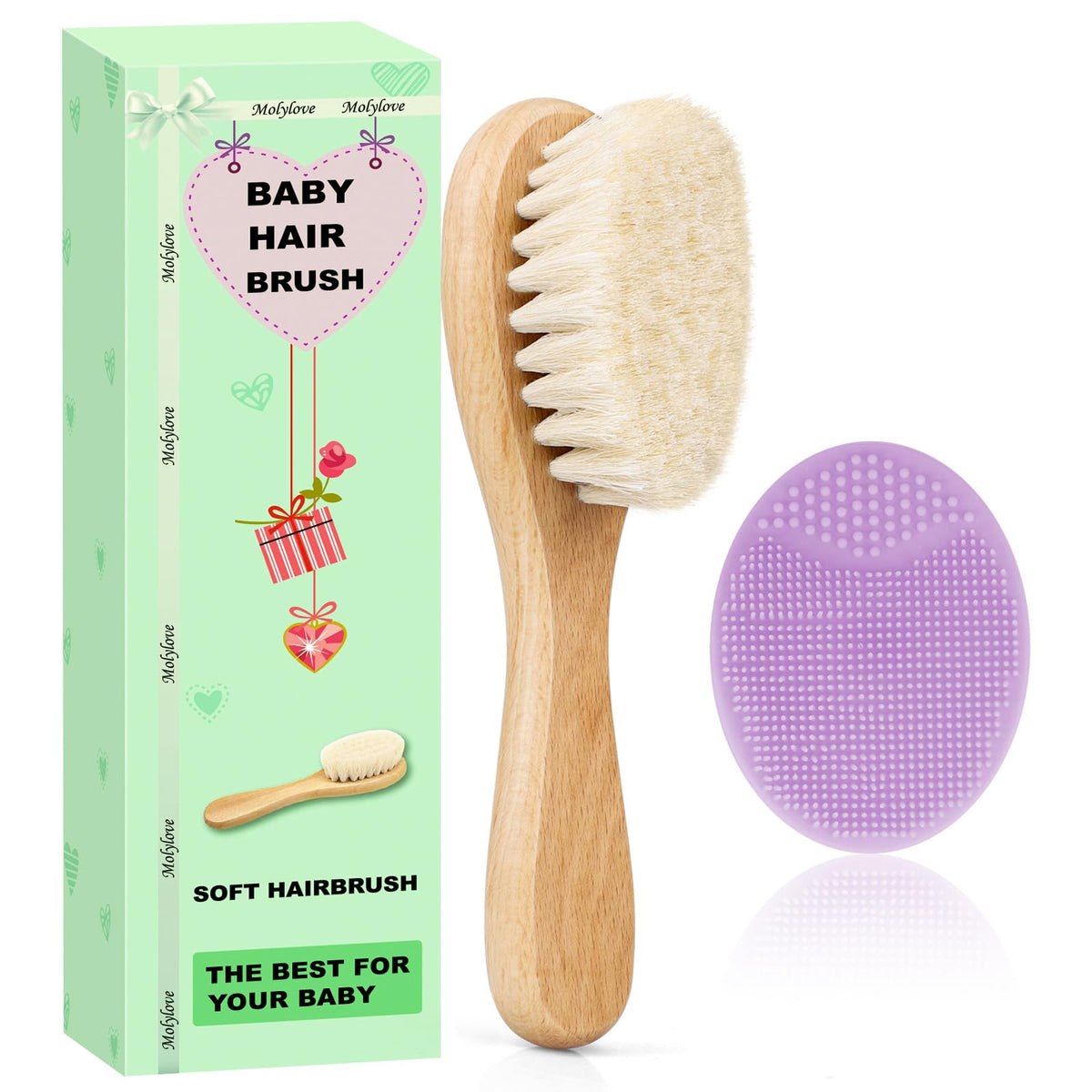 Molylove baby hair brush with soft goat bristles gently nourishes a newborn's scalp.