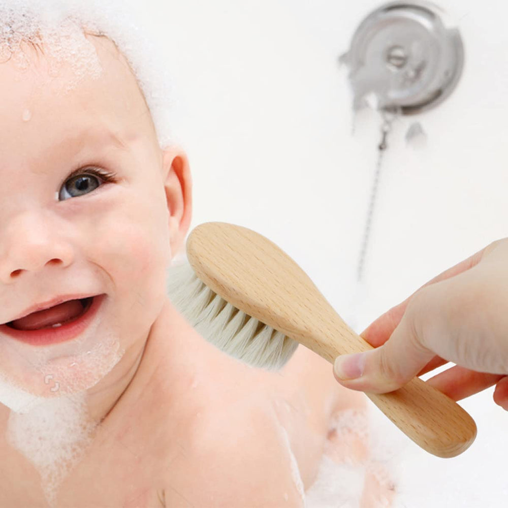 Molylove bath time routine with wooden handle brush for daily care.