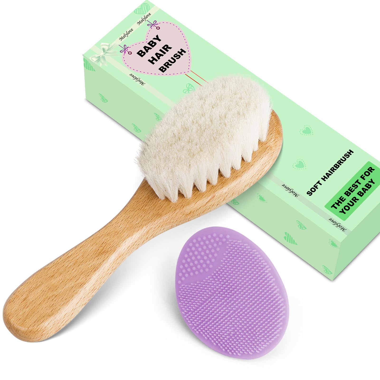 Molylove purple cradle cap brush used during bath time to soften flaky scalp.