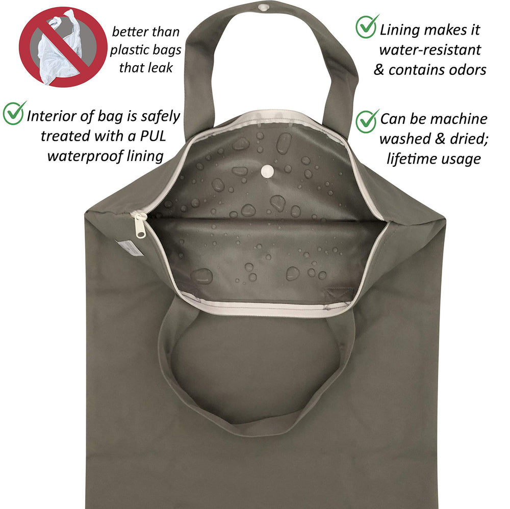 MOM & BAB wet bag with front zip closure containing odors during travel