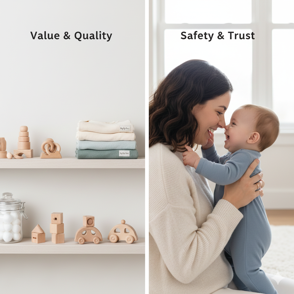 MyThriftyMom.ca Canada banner: mom holding baby, ‘Safety & Trust’ and ‘Value & Quality’ with nursery essentials.