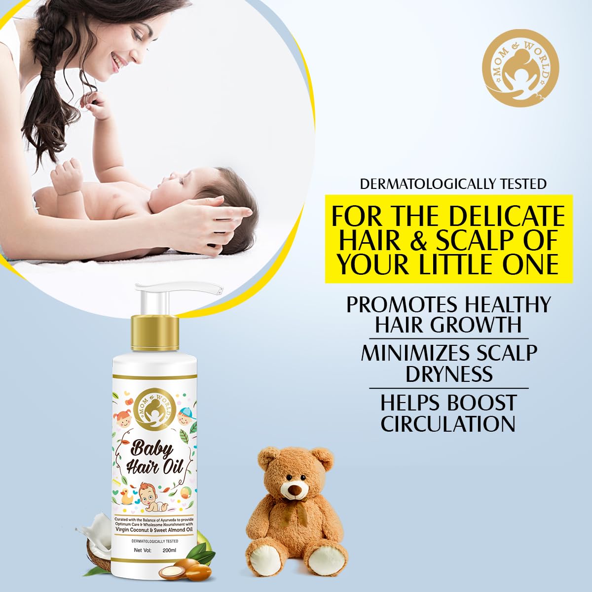 Mom & World Baby Hair Oil organic coconut almond blend visuals.