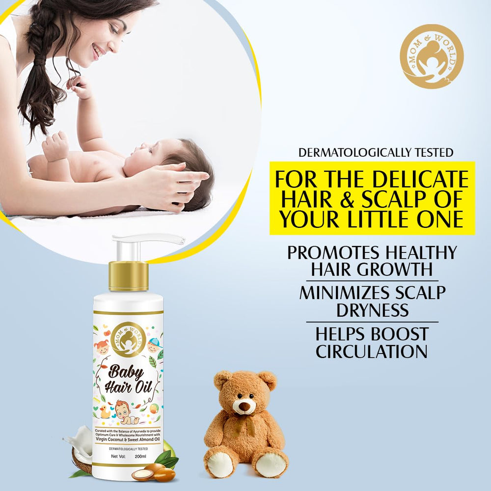 Mom & World Baby Hair Oil organic coconut almond blend visuals.