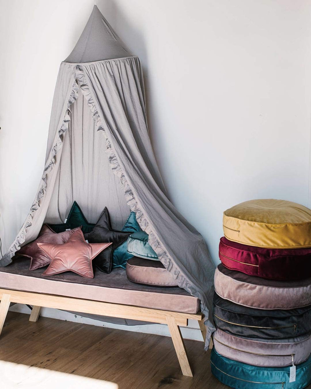 MOMAID Bed Canopy with Frills in Light Grey adds a dreamy focal point over a bed