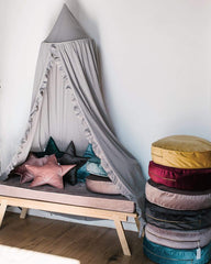 MOMAID Bed Canopy with Frills in Light Grey adds a dreamy focal point over a bed