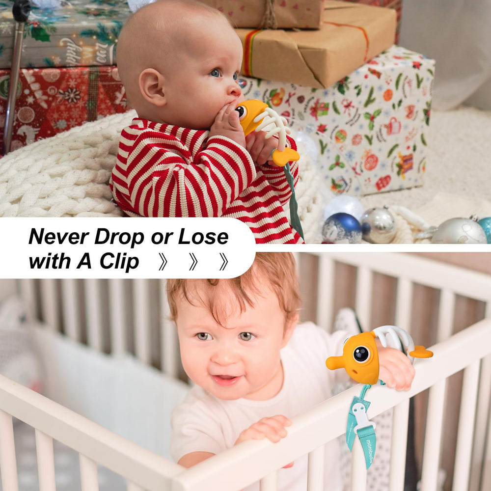 Mombella clownfish teether baby-handheld image shows easy grasp for tiny hands