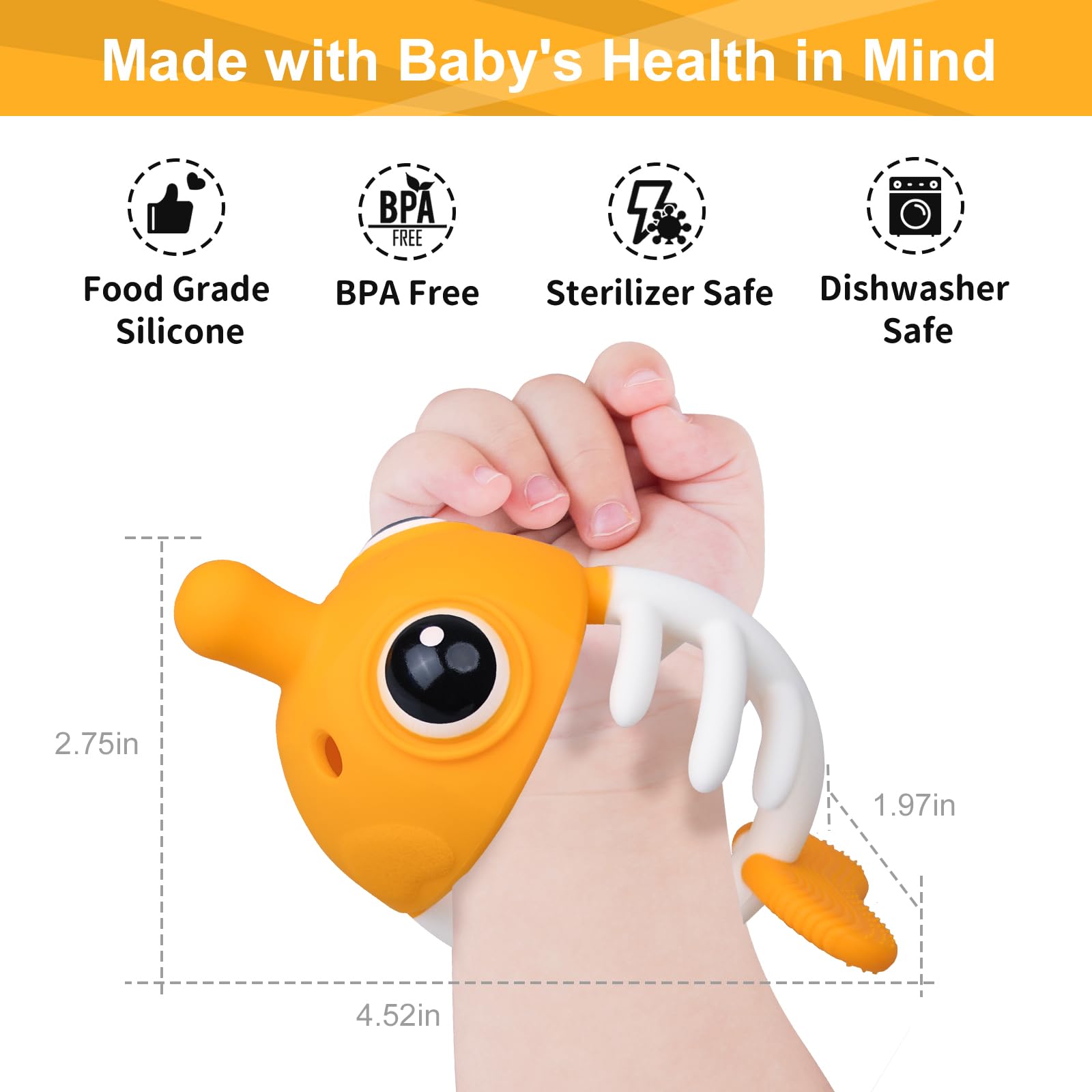 Mombella clownfish teether-clip-secure demonstrates stable use on clothing or car seat