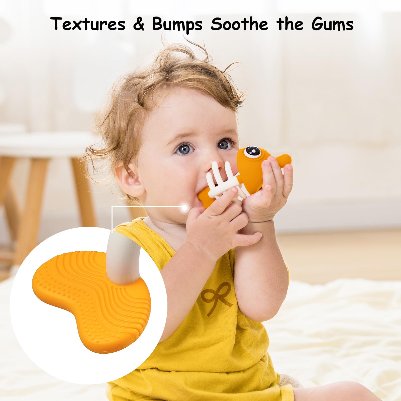 Mombella clownfish teether eyes-fidget closeup demonstrating sensory play and hand eye coordination