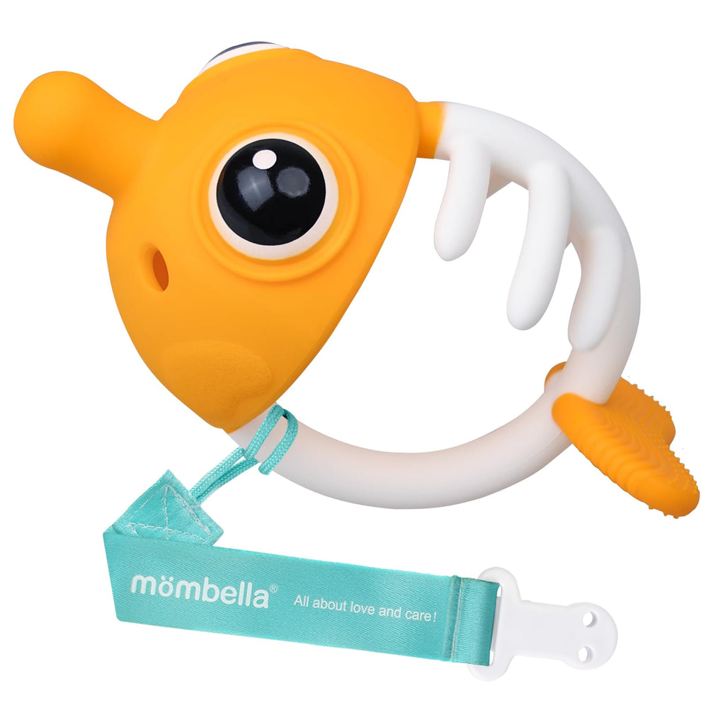 Mombella clownfish teether nose-nipple closeup showing breastfeeding like grip for soothing gums