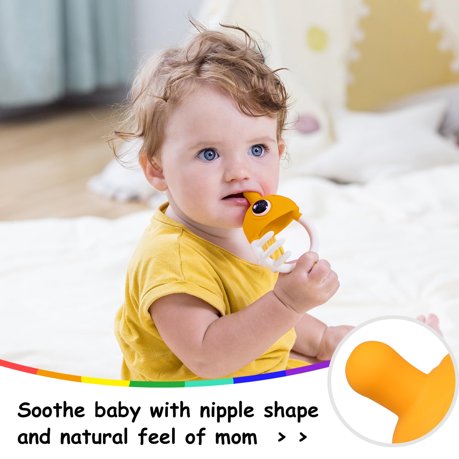 Mombella clownfish teether texture-gnaw closeup highlighting varied surfaces for gum massage